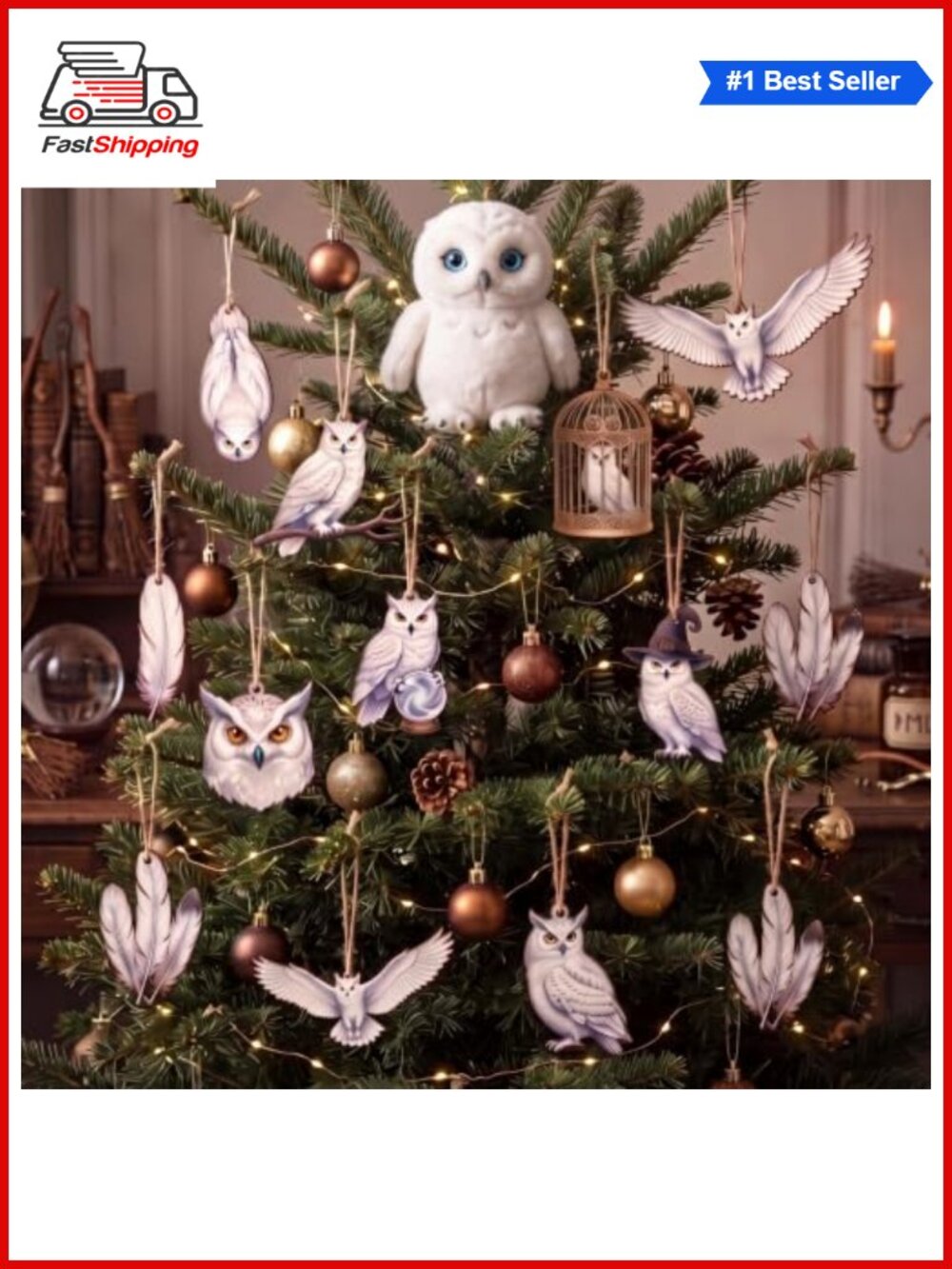 🎅 36Pc White Owl Wooden Christmas Ornaments Rustic Tree Decor Set